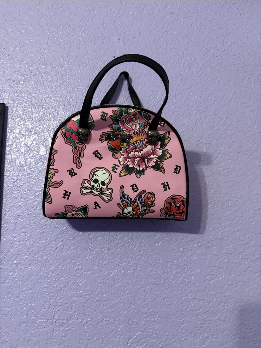 Lunch Bag Ed Hardy Pink Floral & Skull Dome Satchel with Black Handles